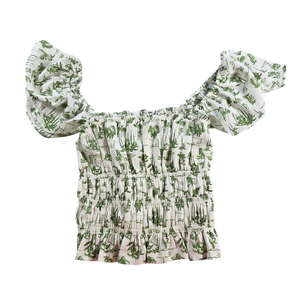 Abercrombie & Fitch Women Small White Green Palm Tree Smocked Puff Sleeve Top